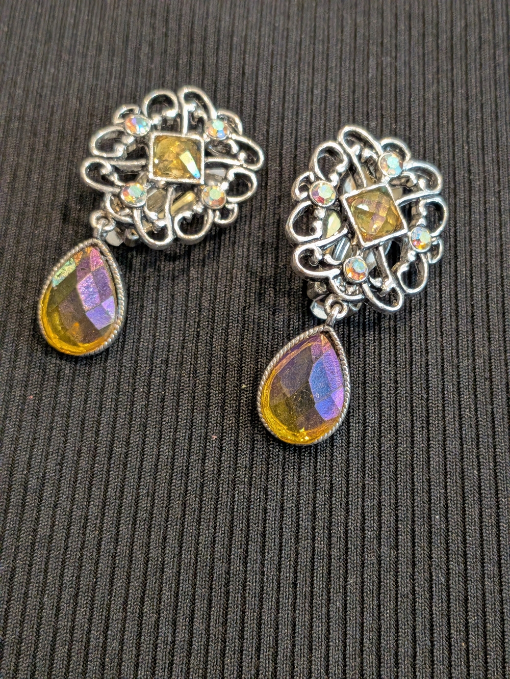 Silver Tone Filigree Drop Earrings with Yellow Iridescent Stones Vintage 2010